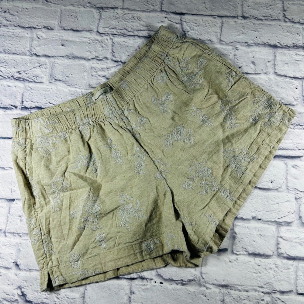 Abercrombie & Fitch Olive Green Embroidered Linen-Blend Shorts